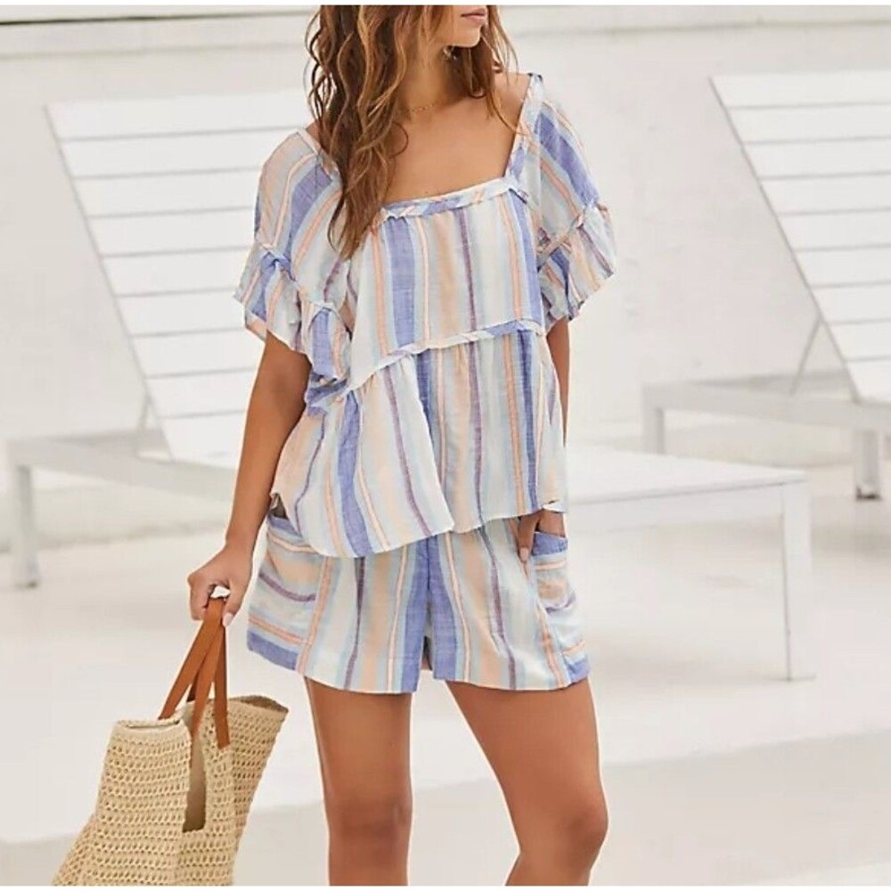 NEW Anthropologie Top Size Medium Multicolor Gauze Striped Flutter Sleeve Kaveri